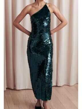 SAYLOR Isa dark green sequin one shoulder maxi dress sz S NWT